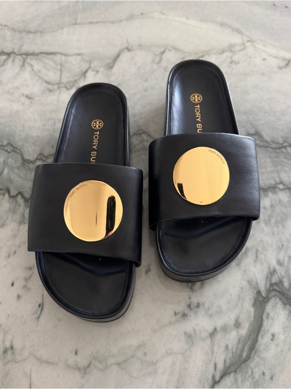 Tory Burch Plato’s Black Leather Platform Slides- Sz 8